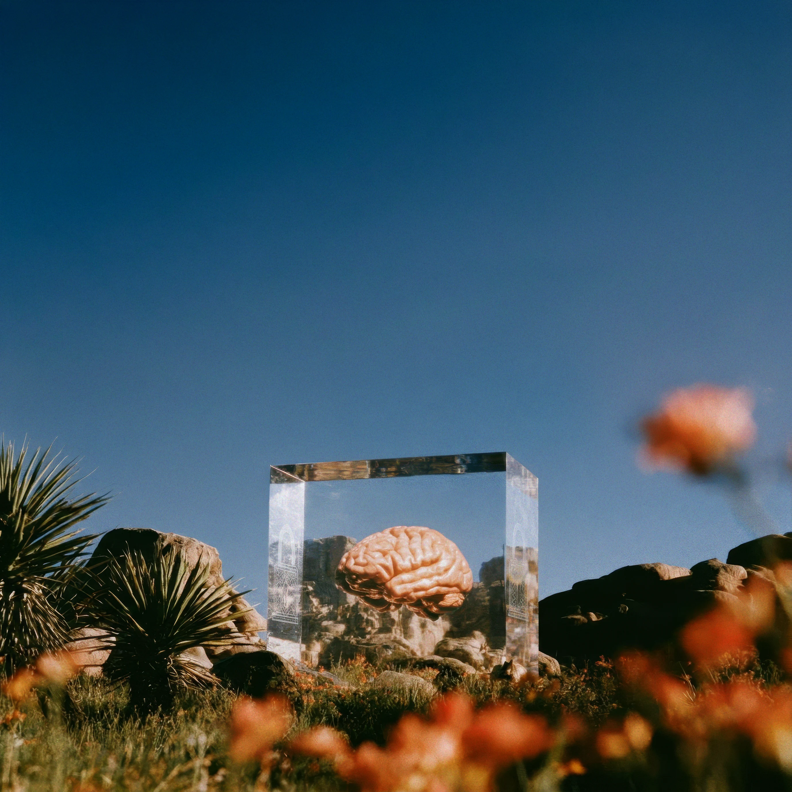 A human brain suspended in a clear glass block in a desert landscape